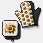 Sonnenblumen auf dem Mitt aus Weißoven und den Töp Ofenhandschuh & Topflappen-Set (Vorderseite/Rückseite)