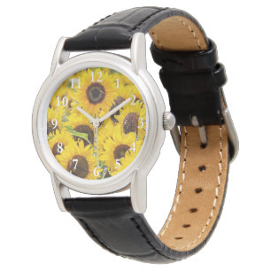 Sonnenblumen auf dem schwarzen Lederband der Fraue Armbanduhr