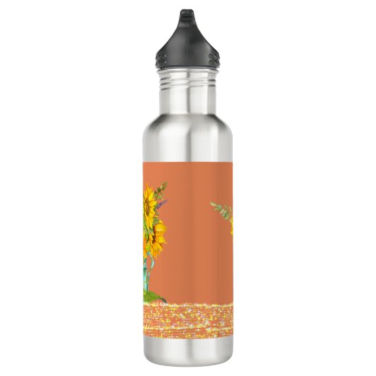Sonnenblumen auf einer orangen Wasserflasche im Hi Edelstahlflasche (Rechts)
