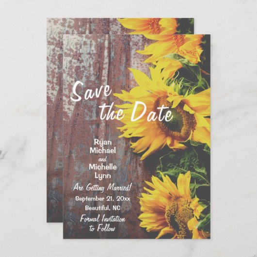 Sonnenblumen auf Holz Rustikale Save the Date Hoch Einladung (Vorne/Hinten)