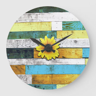 Sonnenblumen auf Holzplatten Große Wanduhr