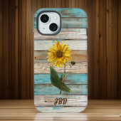 Sonnenblumen auf Imitate Grünes Wetter Holzinitial iPhone 15 Hülle
