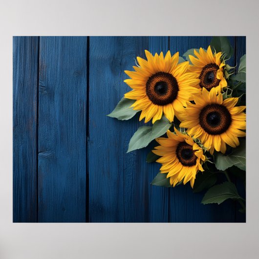 Sonnenblumen auf navyblauem Holz Poster (Vorne)