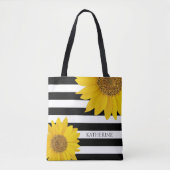 Sonnenblumen auf Schwarz-Weiß-Streifen Personalisi Tasche (Vorderseite)