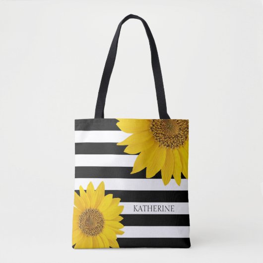 Sonnenblumen auf Schwarz-Weiß-Streifen Personalisi Tasche (Vorderseite)