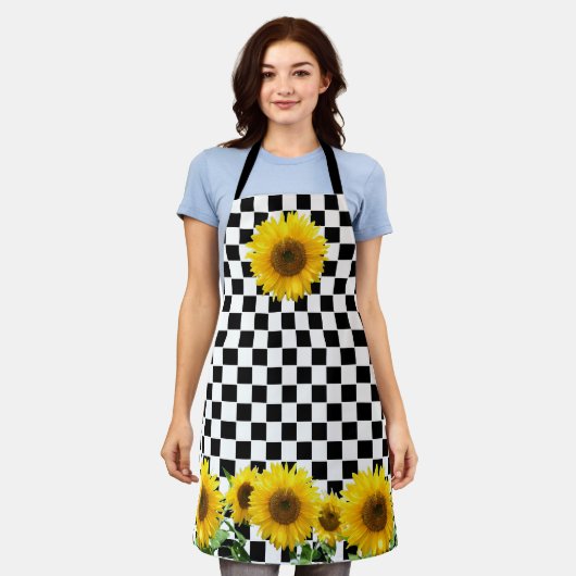 Sonnenblumen auf Schwarz-weißem Schachbrettmuster Schürze (Getragen)