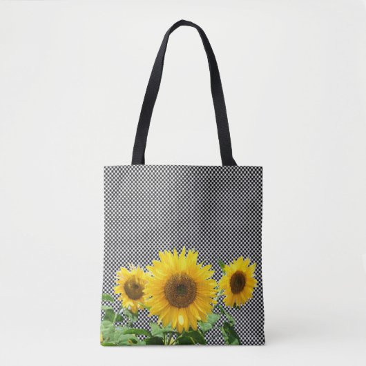 Sonnenblumen auf schwarz-weißem Schachmuster Totbe Tasche (Vorderseite)