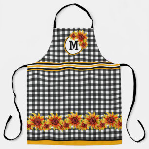 Sonnenblumen auf schwarzem Gingham-Monogramm Schürze