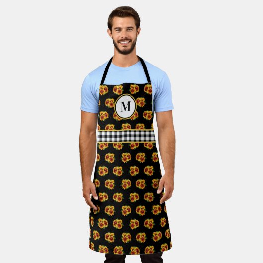 Sonnenblumen auf schwarzen Mit Monogramm Schürze (Getragen)