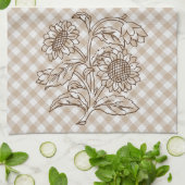 Sonnenblumen auf Tan Beige Brown Gingham Pattern Geschirrtuch (Gefaltet)