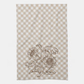 Sonnenblumen auf Tan Beige Brown Gingham Pattern Geschirrtuch (Vertikal)