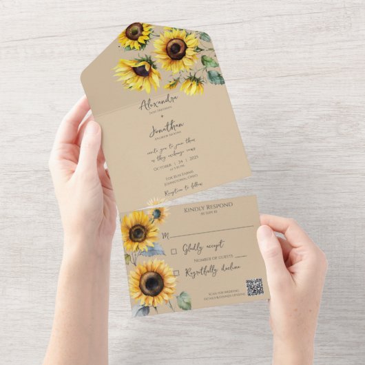 Sonnenblumen auf Tan QR Code All In One Einladung (Abreißen)