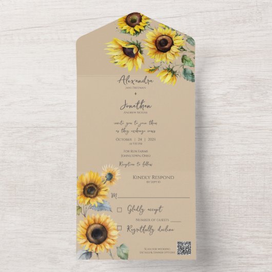 Sonnenblumen auf Tan QR Code All In One Einladung (Innen Boden)