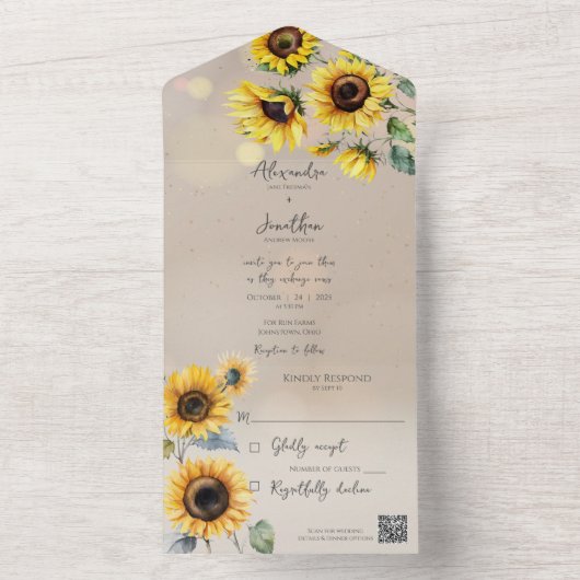 Sonnenblumen auf Taupe mit Lichteffekten QR Code All In One Einladung (Innen Boden)