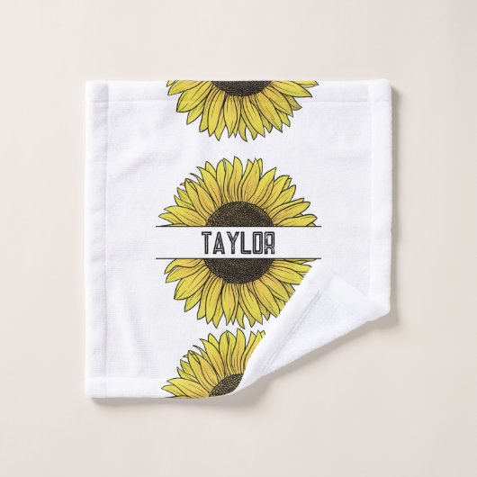 Sonnenblumen auf weißem Monogramm-Namen Waschlappen (Waschlappen)