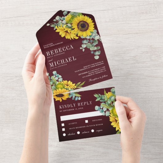 Sonnenblumen aus Burgund und Eukalyptus Wedding All In One Einladung (Abreißen)