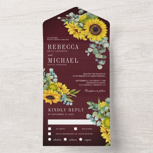 Sonnenblumen aus Burgund und Eukalyptus Wedding All In One Einladung (Innen Boden)