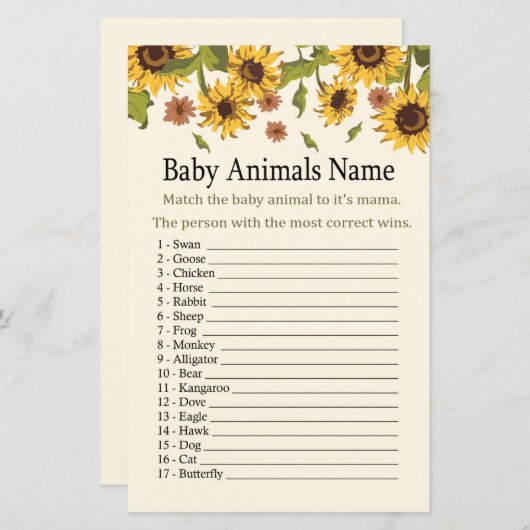 Sonnenblumen Baby Animes Name Game (Vorne/Hinten)
