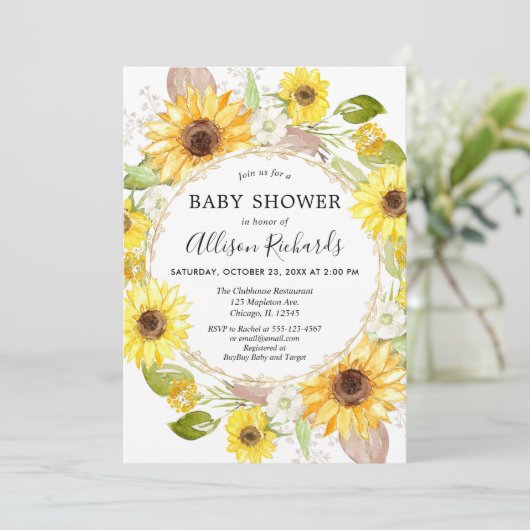 Sonnenblumen Baby Dusche Einladungen Aquarell (Stehend Vorderseite)