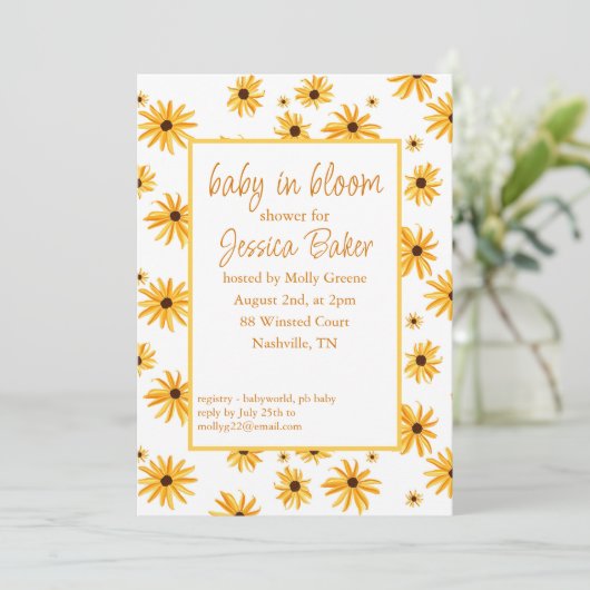 Sonnenblumen Baby in Blütendusche Einladung (Stehend Vorderseite)