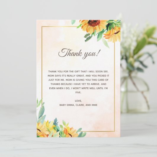 Sonnenblumen Babydusche Danke Karte (Stehend Vorderseite)