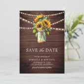 Sonnenblumen Barn Wood Mason Jar Foto Hochzeit Save The Date (Stehend Vorderseite)