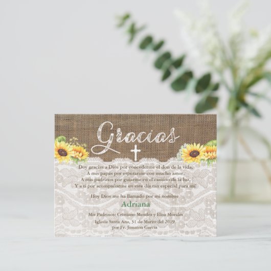 Sonnenblumen Bautismo Spanische Taufe Danke Karte (Stehend Vorderseite)