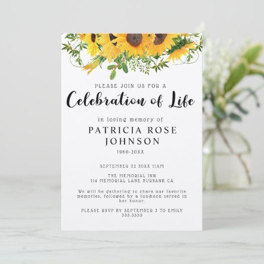 Sonnenblumen Beerdigung Feier des Lebens Ankündigu Einladung (Stehend Vorderseite)