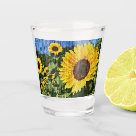 Sonnenblumen bemalt Zaun Schnapsglas (Vorderseite)