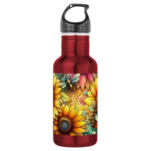 Sonnenblumen-Bienen blühen, Boho-Garten Edelstahlflasche (Vorderseite)
