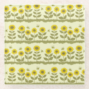 Sonnenblumen, Bienen, niedliche nahtlose Muster. Glasuntersetzer