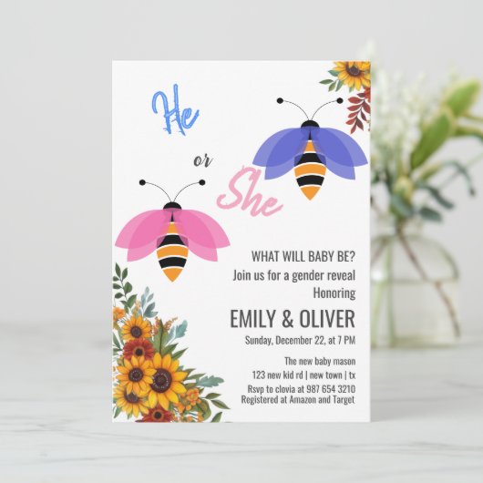 Sonnenblumen Bienenvogel Junge oder Mädchen Geschl Einladung (Stehend Vorderseite)