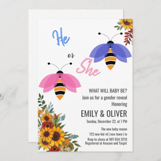 Sonnenblumen Bienenvogel Junge oder Mädchen Geschl Einladung (Vorne/Hinten)