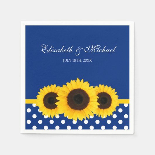 Sonnenblumen Blau Weiße Polka Dot Hochzeit Serviette (Vorderseite)