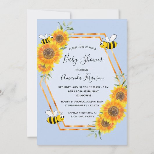 Sonnenblumen Blaue Bienenjunge Dusche Einladung (Vorderseite)
