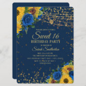 Sonnenblumen Blaue Rose Gold Glitzer Süß 16 Einladung (Vorne/Hinten)