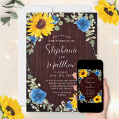 Sonnenblumen Blaue Rose Lights Wood Wedding Einladung