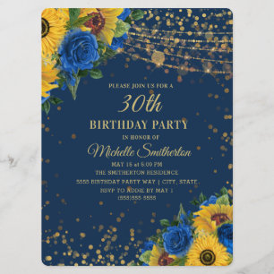 Sonnenblumen Blaue Rosen Gold Glitter 30. Geburtst Einladung