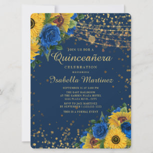Sonnenblumen Blaue Rosen Gold Glitter Quinceanera Einladung