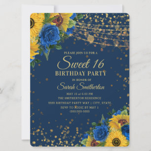 Sonnenblumen Blaue Rosen Gold Glitter Sweet 16 Einladung