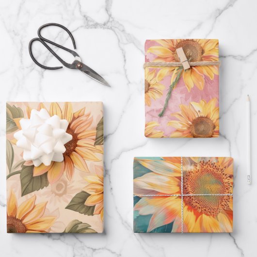 Sonnenblumen blauer Hintergrund Geschenkpapier Set (Vorderseite)