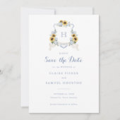 Sonnenblumen Blaues Hydrangea-Wappen Save the Date Einladung (Vorderseite)