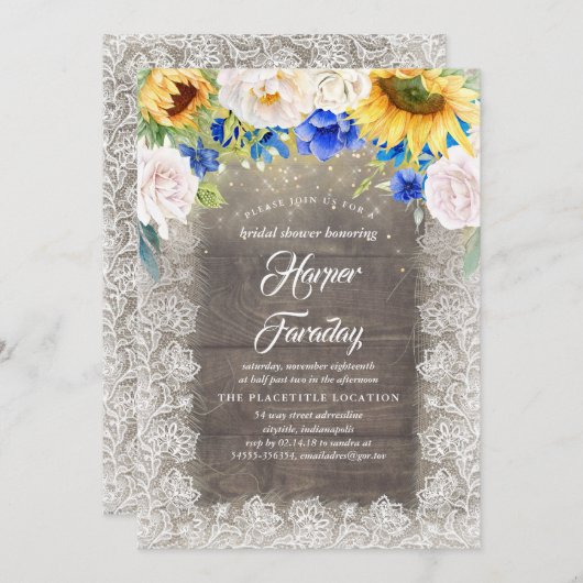 Sonnenblumen Blaues Weißes Rustikales Fall Brautpa Einladung (Vorne/Hinten)