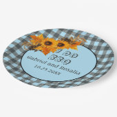 Sonnenblumen & Blue Buffalo Karo Engagement Party Pappteller (Schrägansicht)