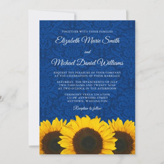 Sonnenblumen Blue Damask Hochzeit Einladung (Vorderseite)
