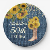 Sonnenblumen Blue Denim Cowboy Boots 50. Geburtsta Pappteller (Vorderseite)