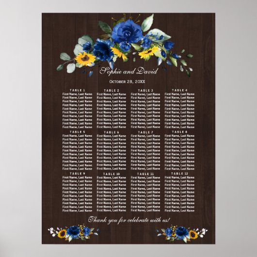 Sonnenblumen Blue Floral Hochzeitsstall Seating Ch Poster (Vorne)