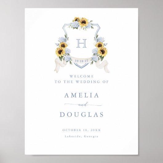 Sonnenblumen Blue Hydrangea Wappen Begrüßungszeich Poster (Vorne)