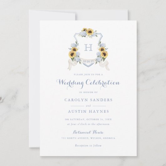 Sonnenblumen Blue Hydrangea Wappen Monogram Weddin Einladung (Vorderseite)