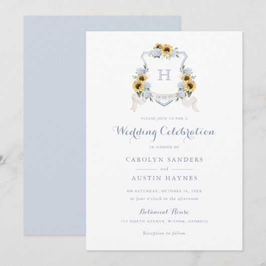 Sonnenblumen Blue Hydrangea Wappen Monogram Weddin Einladung (Vorne/Hinten)